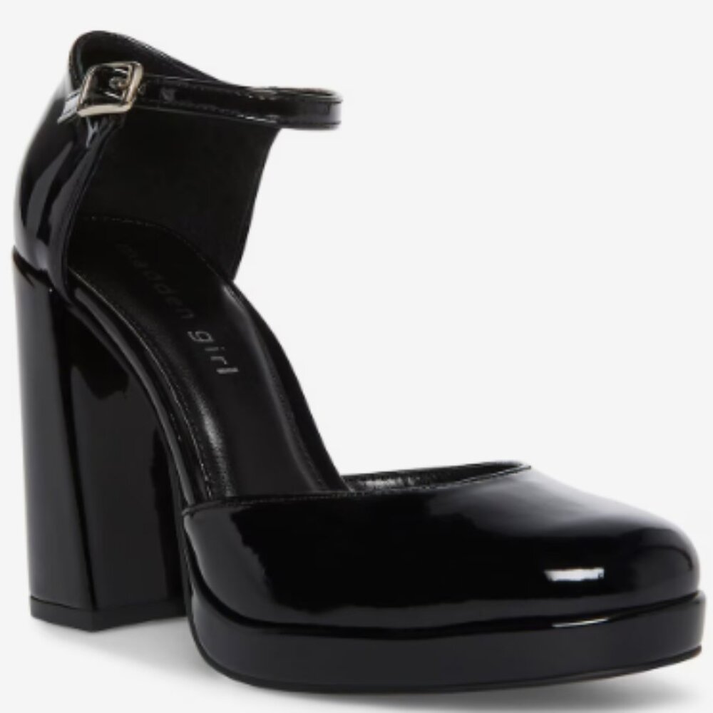 Madden Girl Black Patent Glossy Unaa Pump Chunky Heel Size 8